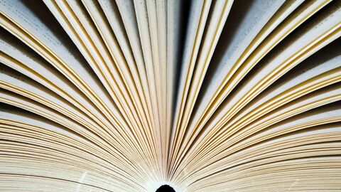 Aufgefächertes Buch von unten gesehen.