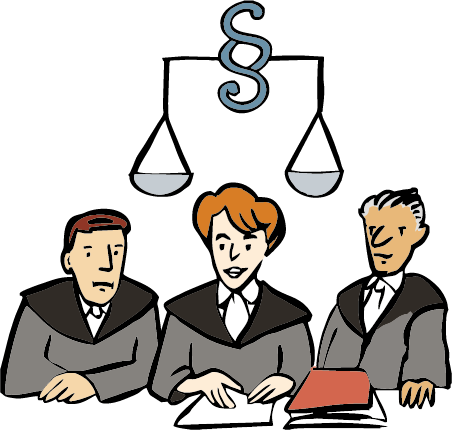 Gericht Das Gericht sind hier drei Richter. Die Richter müssen nach den Gesetzen entscheiden. Im Hinter-Grund ein Zeichen für Recht-sprechen.